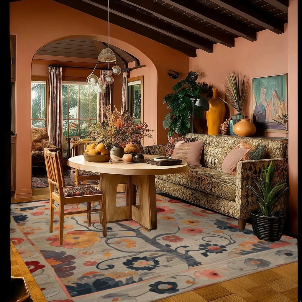 A beautifully decorated living room featuring the Tree of Vibrant Blooms Hand Tufted Area Rug. This wool rug showcases an intricate floral design, adding elegance to the space. Perfect as a living room area rug, its rich colors complement the cozy setting with a stylish sofa, wooden table, and natural light pouring through the windows.