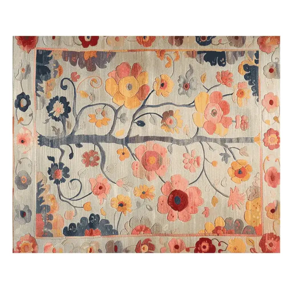 This hand-tufted wool area rug, titled 'Tree of Vibrant Blooms', showcases a stunning floral design with colorful flowers sprawled across its surface. Perfect for adding a touch of elegance to any living room, this floral rug features a lively mix of reds, oranges, and yellows on a neutral background, embodying both style and comfort. Ideal for those seeking rugs for the living room that combine beauty with practicality.
