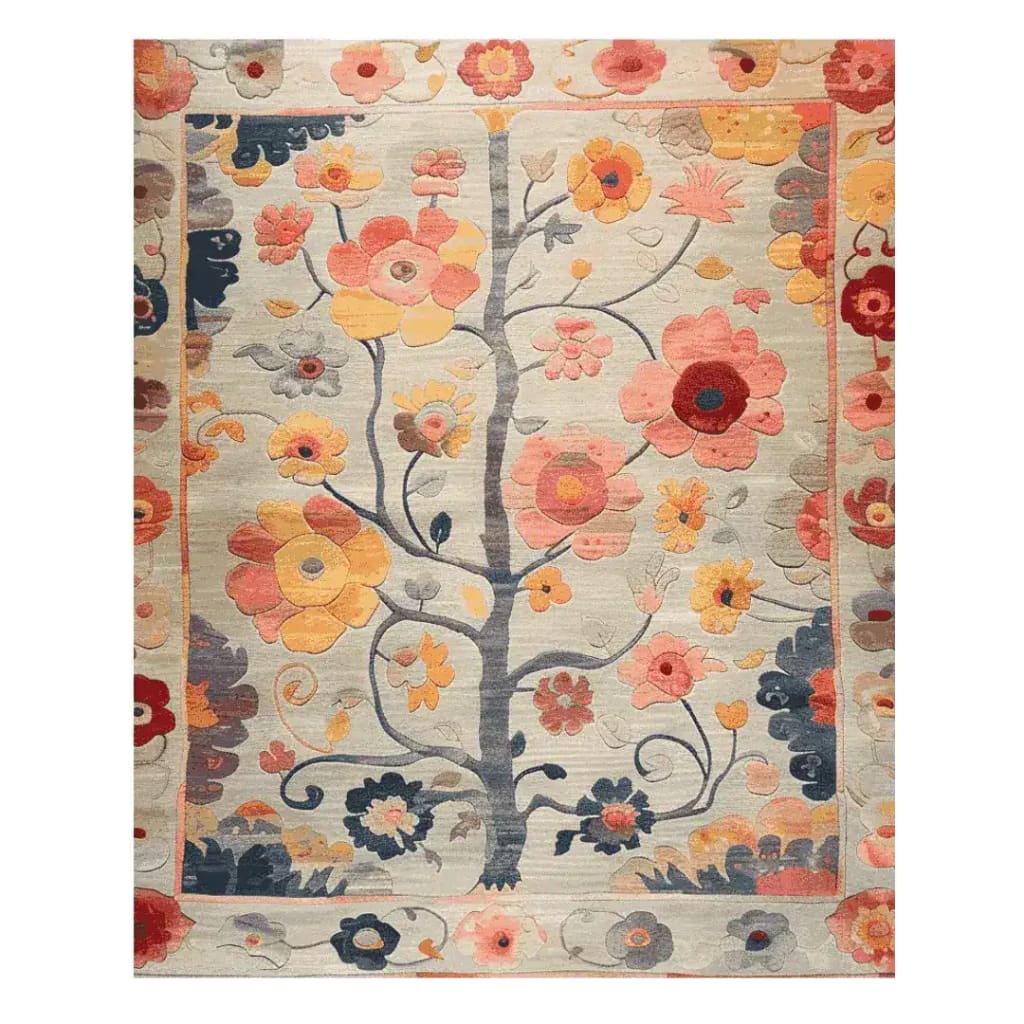 A beautiful hand-tufted area rug featuring a vibrant floral design, perfect for enhancing your living room. The wool rug showcases a tree with colorful blooms in shades of orange, red, and yellow, making it an ideal choice for those seeking floral rugs as living room area rugs.