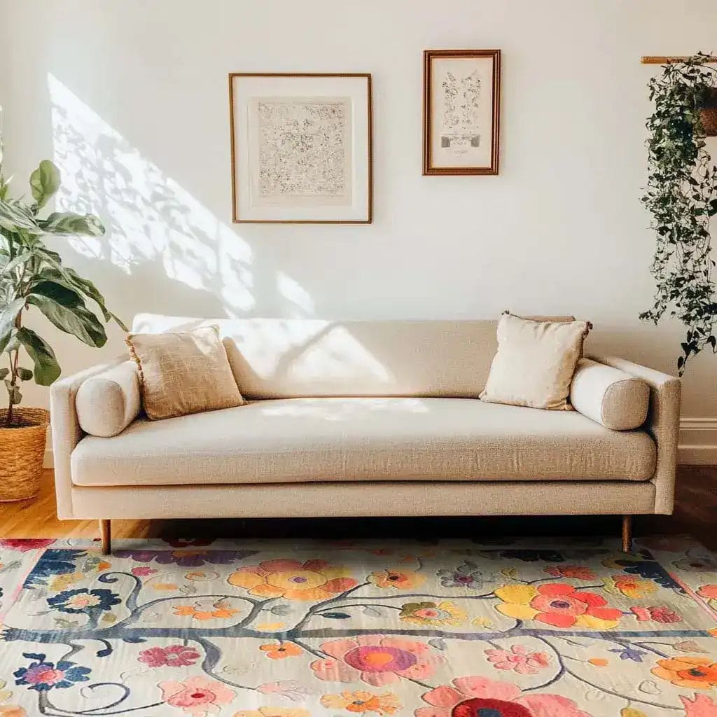 A cozy living room featuring a Tree of Vibrant Blooms Hand Tufted Area Rug. This floral wool rug adds a splash of color with its intricate flower patterns, making it an ideal choice for rugs for living room spaces. The rug complements the neutral tones of the sofa and decor, creating a warm and inviting ambiance.