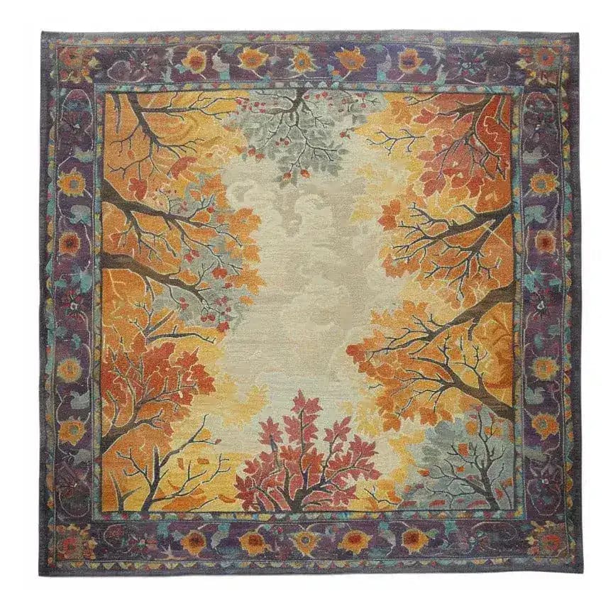 The Treetops Tapestry Hand Tufted Rug is an exquisite area rug featuring an intricate design of autumn-toned tree branches and leaves, perfect for large living room spaces. This wool rug, with its square shape, adds a vintage touch to any bedroom or living room. The vibrant colors and detailed patterns make it an ideal square area rug for those seeking rugs for living room decor.
