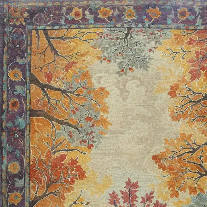 A beautifully detailed Treetops Tapestry Hand Tufted Rug featuring a vibrant autumn-inspired design. The wool area rug showcases intricate branches with orange, red, and yellow leaves, perfect for large living rooms or bedrooms. This square rug adds a vintage touch to any living space with its rich colors and detailed patterns, ideal for those seeking unique rugs for the living room.