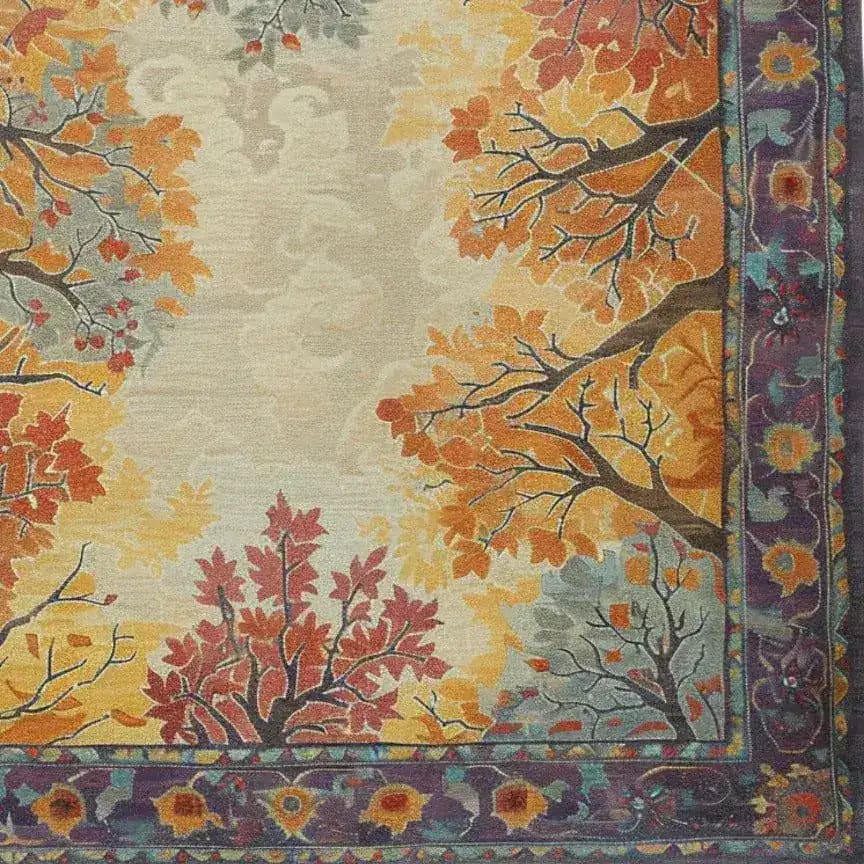 Beautiful hand-tufted wool area rug featuring an intricate tapestry of treetop designs with vibrant autumn leaves in shades of orange, red, and yellow, set against a neutral background. Perfect for adding a touch of vintage charm to large living rooms or bedrooms, this square rug makes an elegant statement as a centerpiece among rugs for living room decor.