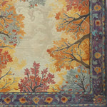 Beautiful hand-tufted wool area rug featuring an intricate tapestry of treetop designs with vibrant autumn leaves in shades of orange, red, and yellow, set against a neutral background. Perfect for adding a touch of vintage charm to large living rooms or bedrooms, this square rug makes an elegant statement as a centerpiece among rugs for living room decor.