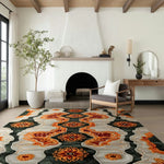 This vibrant Tribal Tapestry Hand Tufted Area Rug adds a touch of elegance to a contemporary dining room. The wool rug features intricate geometric patterns in rich orange and dark green hues, perfect for dining room carpets or office spaces. The rug complements the modern interior with wooden beams and a cozy fireplace.