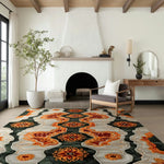 This vibrant Tribal Tapestry Hand Tufted Area Rug adds a touch of elegance to a contemporary dining room. The wool rug features intricate geometric patterns in rich orange and dark green hues, perfect for dining room carpets or office spaces. The rug complements the modern interior with wooden beams and a cozy fireplace.