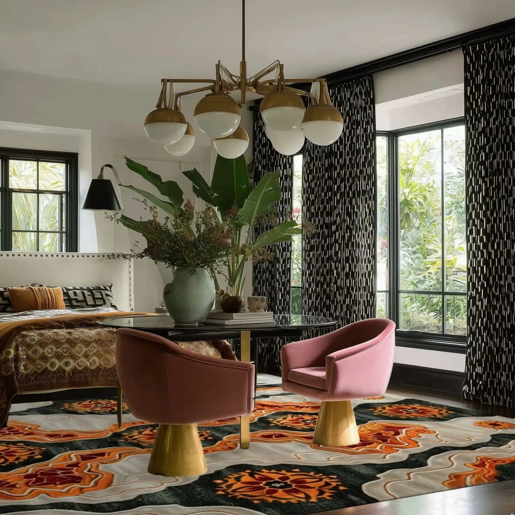 Stylish dining room featuring a vibrant tribal tapestry hand tufted area rug. This wool rug showcases a rich abstract pattern with warm hues, complementing the contemporary decor with pink chairs and a modern chandelier. Ideal for dining room carpets or office spaces, this dining room area rug brings a touch of elegance and warmth to any setting.