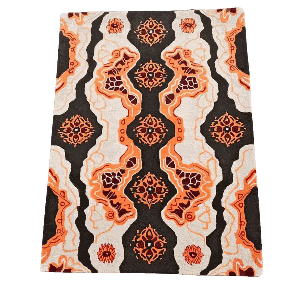 Vibrant Tribal Tapestry Hand Tufted Area Rug with bold orange and black abstract patterns, perfect for adding a contemporary touch to dining room decor. Ideal as a wool rug or dining room carpet, this piece is also suitable for office spaces seeking modern flair.