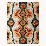 A vibrant Tribal Tapestry Hand Tufted Area Rug featuring intricate patterns with rich orange, red, and green hues, ideal for adding a pop of color to dining rooms or offices. This wool rug showcases contemporary design elements perfect for dining room area rugs or modern dining room carpets.