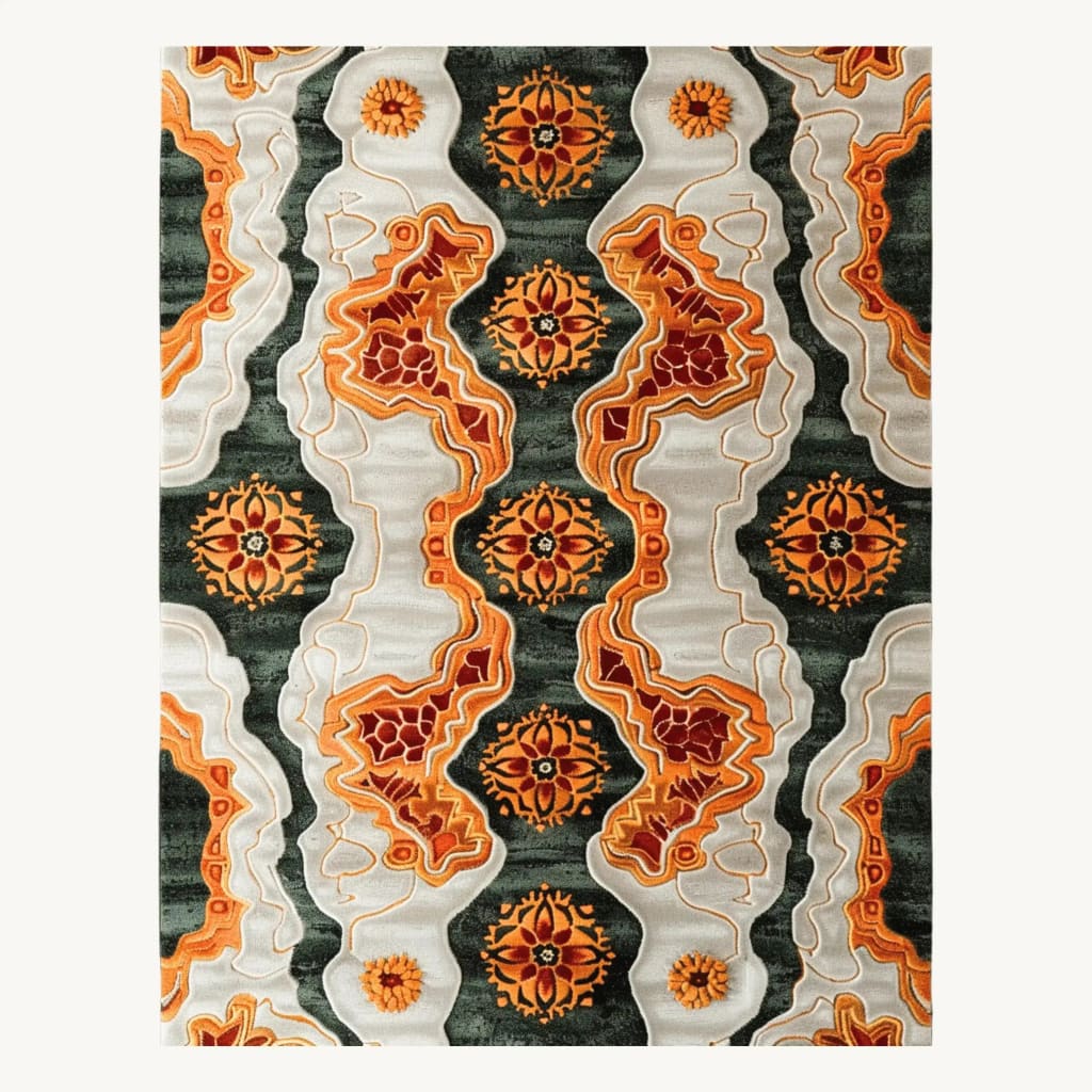 A vibrant Tribal Tapestry Hand Tufted Area Rug featuring intricate patterns with rich orange, red, and green hues, ideal for adding a pop of color to dining rooms or offices. This wool rug showcases contemporary design elements perfect for dining room area rugs or modern dining room carpets.