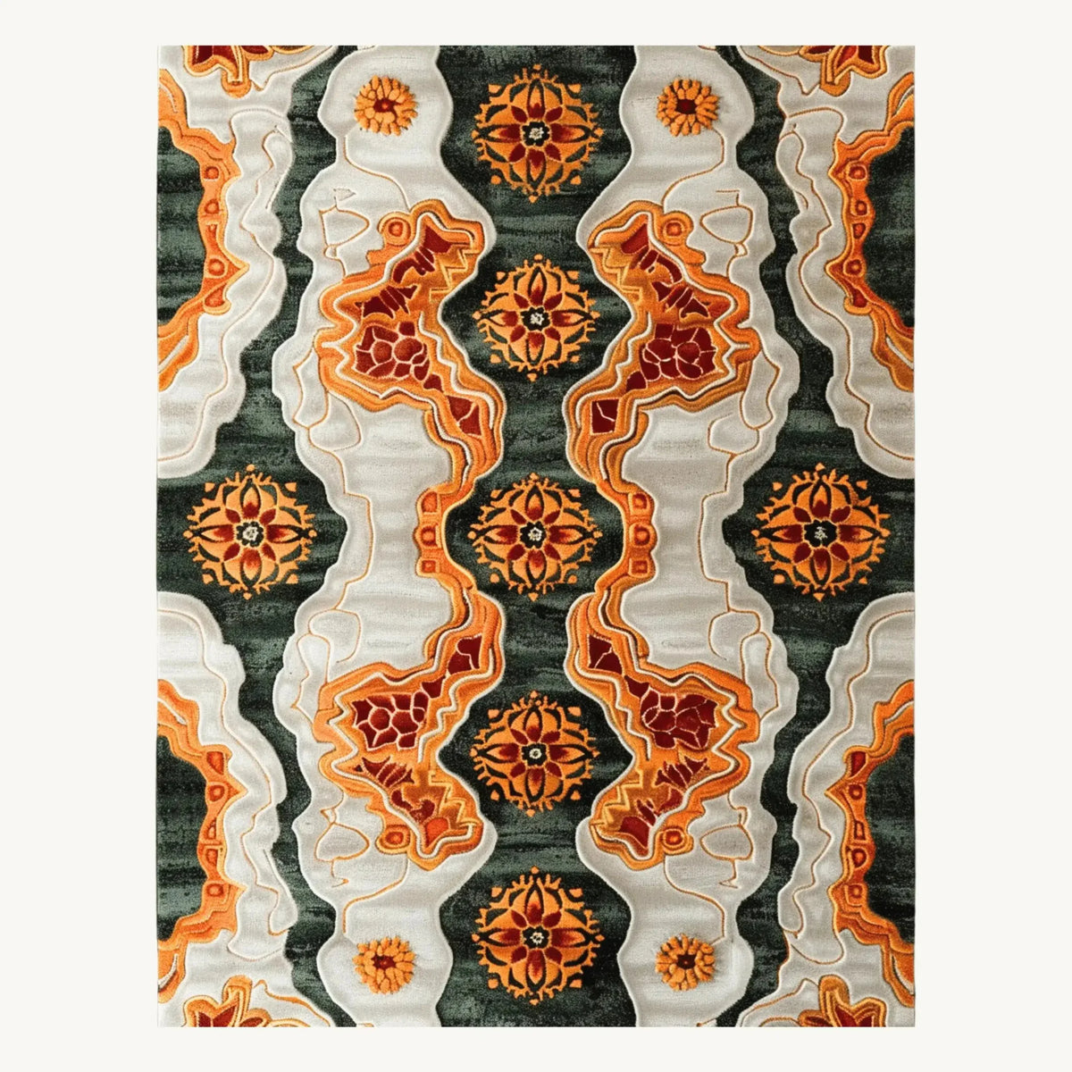 A vibrant Tribal Tapestry Hand Tufted Area Rug featuring intricate patterns with rich orange, red, and green hues, ideal for adding a pop of color to dining rooms or offices. This wool rug showcases contemporary design elements perfect for dining room area rugs or modern dining room carpets.