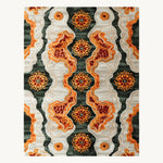 A vibrant Tribal Tapestry Hand Tufted Area Rug featuring intricate patterns with rich orange, red, and green hues, ideal for adding a pop of color to dining rooms or offices. This wool rug showcases contemporary design elements perfect for dining room area rugs or modern dining room carpets.