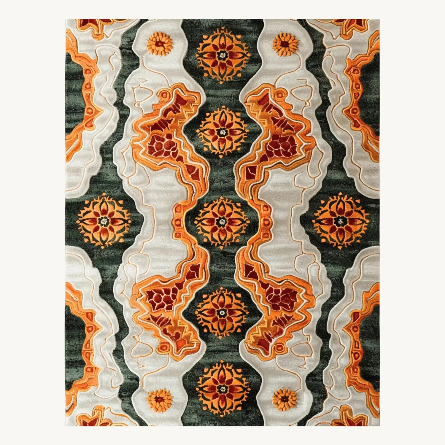 A vibrant Tribal Tapestry Hand Tufted Area Rug featuring intricate patterns with rich orange, red, and green hues, ideal for adding a pop of color to dining rooms or offices. This wool rug showcases contemporary design elements perfect for dining room area rugs or modern dining room carpets.