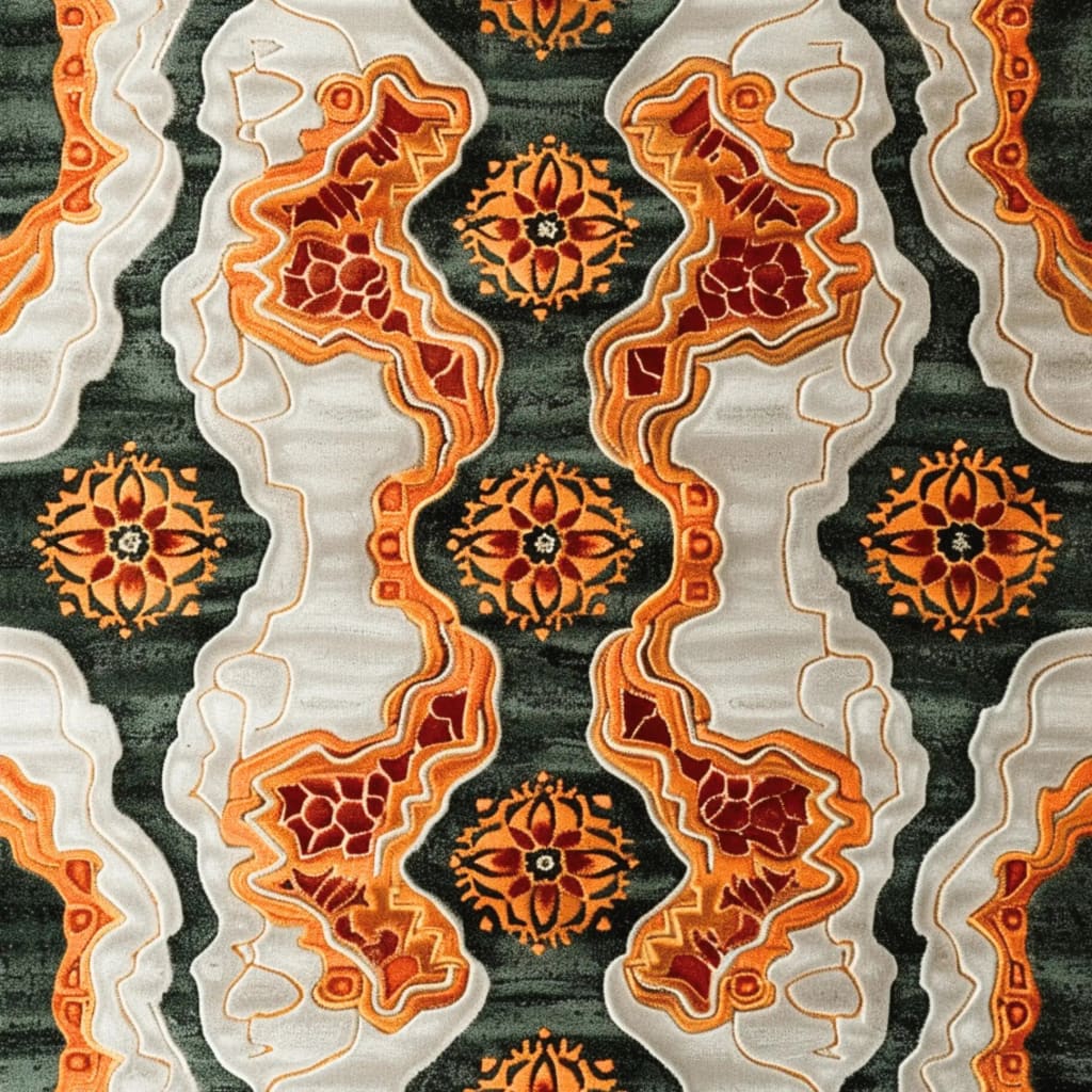 A vibrant hand-tufted area rug with a tribal tapestry design, featuring intricate patterns in orange, red, and green hues. Ideal for dining rooms, this wool rug adds a contemporary flair to any office or dining room setting, offering a stylish and cozy carpet option.