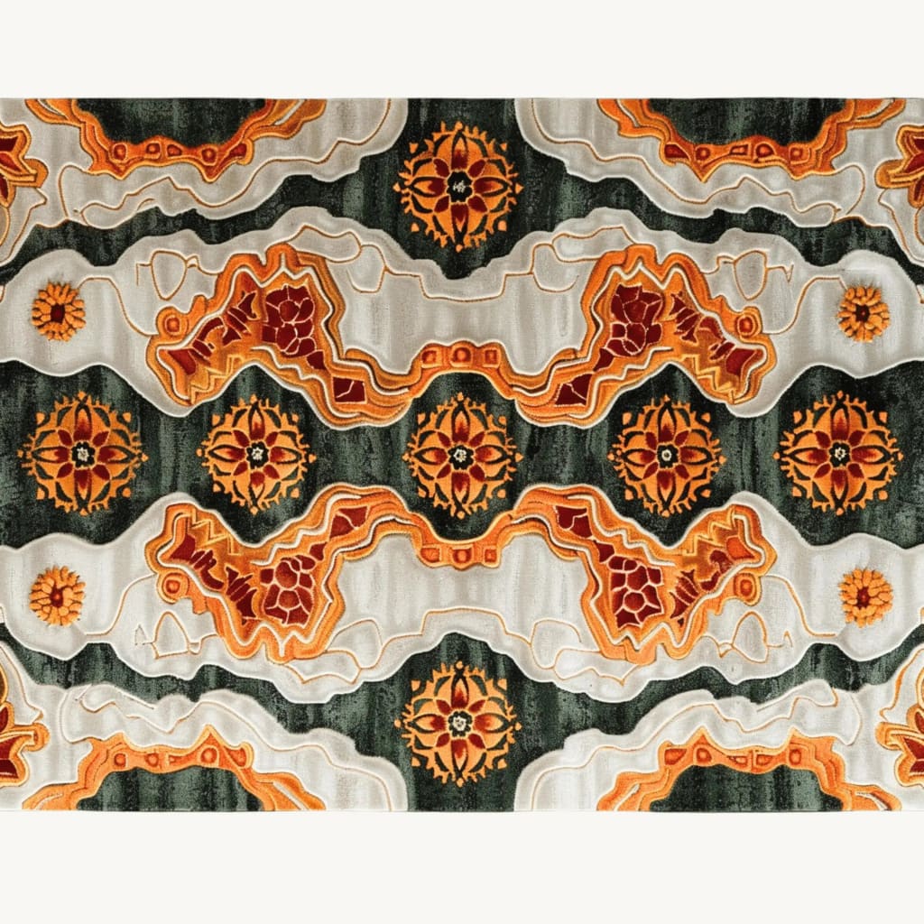 Vibrant tribal tapestry hand-tufted area rug featuring bold geometric patterns in orange, red, and dark green hues. Ideal for adding a contemporary touch to your dining room or office. This wool rug showcases intricate designs perfect for dining room carpets.