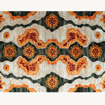 Vibrant tribal tapestry hand-tufted area rug featuring bold geometric patterns in orange, red, and dark green hues. Ideal for adding a contemporary touch to your dining room or office. This wool rug showcases intricate designs perfect for dining room carpets.