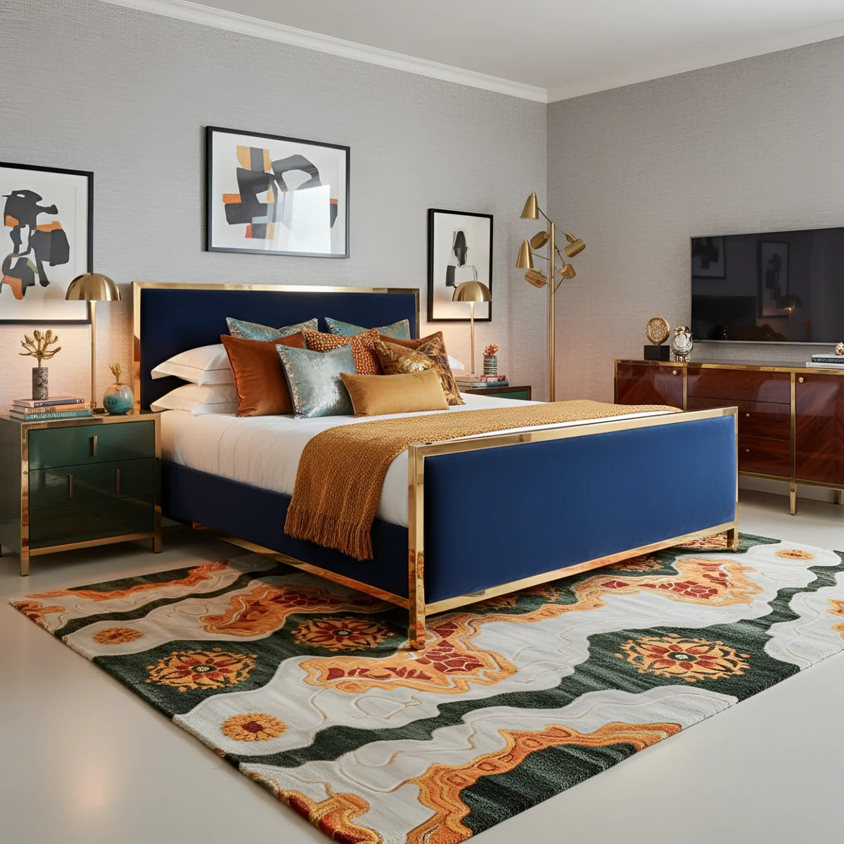 Modern bedroom with a blue bed, gold accents, an abstract wool rug, and abstract art on the wall.