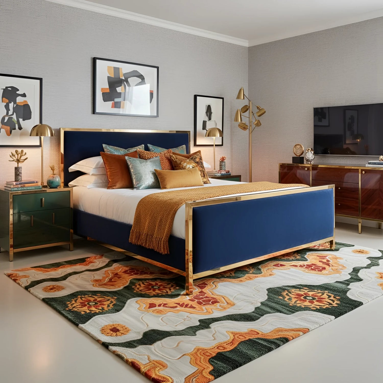 Modern bedroom with a blue bed, gold accents, an abstract wool rug, and abstract art on the wall.