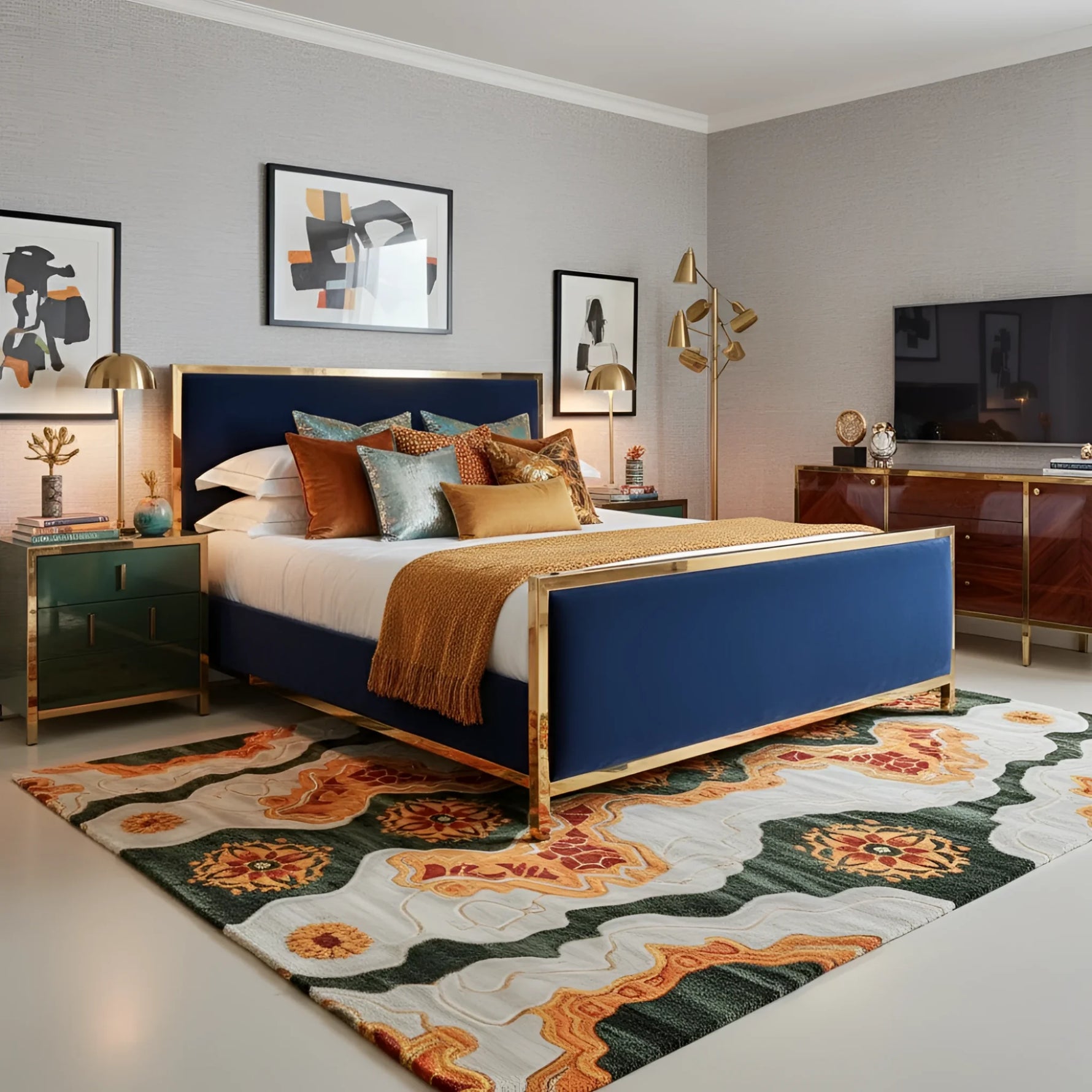 Modern bedroom with a blue bed, gold accents, an abstract wool rug, and abstract art on the wall.