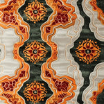 Vibrant hand-tufted area rug with intricate tribal patterns in orange, red, and green, ideal for dining room or office spaces. This contemporary wool rug adds a touch of elegance and warmth as a dining room area rug or office carpet.