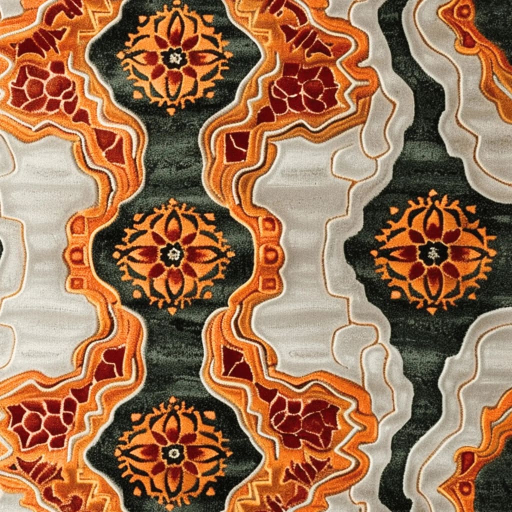 Vibrant hand-tufted area rug with intricate tribal patterns in orange, red, and green, ideal for dining room or office spaces. This contemporary wool rug adds a touch of elegance and warmth as a dining room area rug or office carpet.