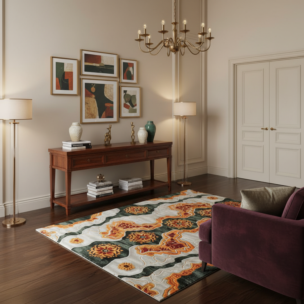 Tribal Tapestry rug with orange and gold medallions on green and cream in a refined living room