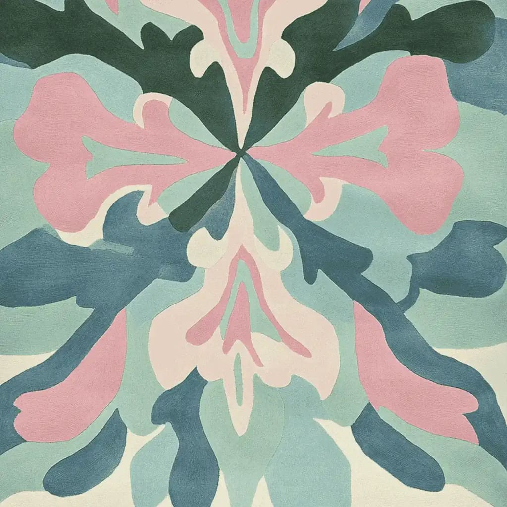 A vibrant, hand-tufted area rug with an abstract design in pink, blue, and green. Perfect for adding a contemporary touch to a large living room. This wool rug, measuring 8x10, features organic shapes and soft colors that blend seamlessly into modern decor.