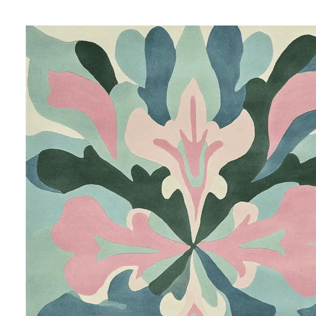 A vibrant, abstract design on a hand-tufted area rug, showcasing a blend of pastel pinks, blues, and greens. This contemporary rug brings a touch of modern art to large living rooms and is perfect for those seeking stylish living room rugs in 8x10 sizes. Made from high-quality wool, it's a perfect addition to any home decor.