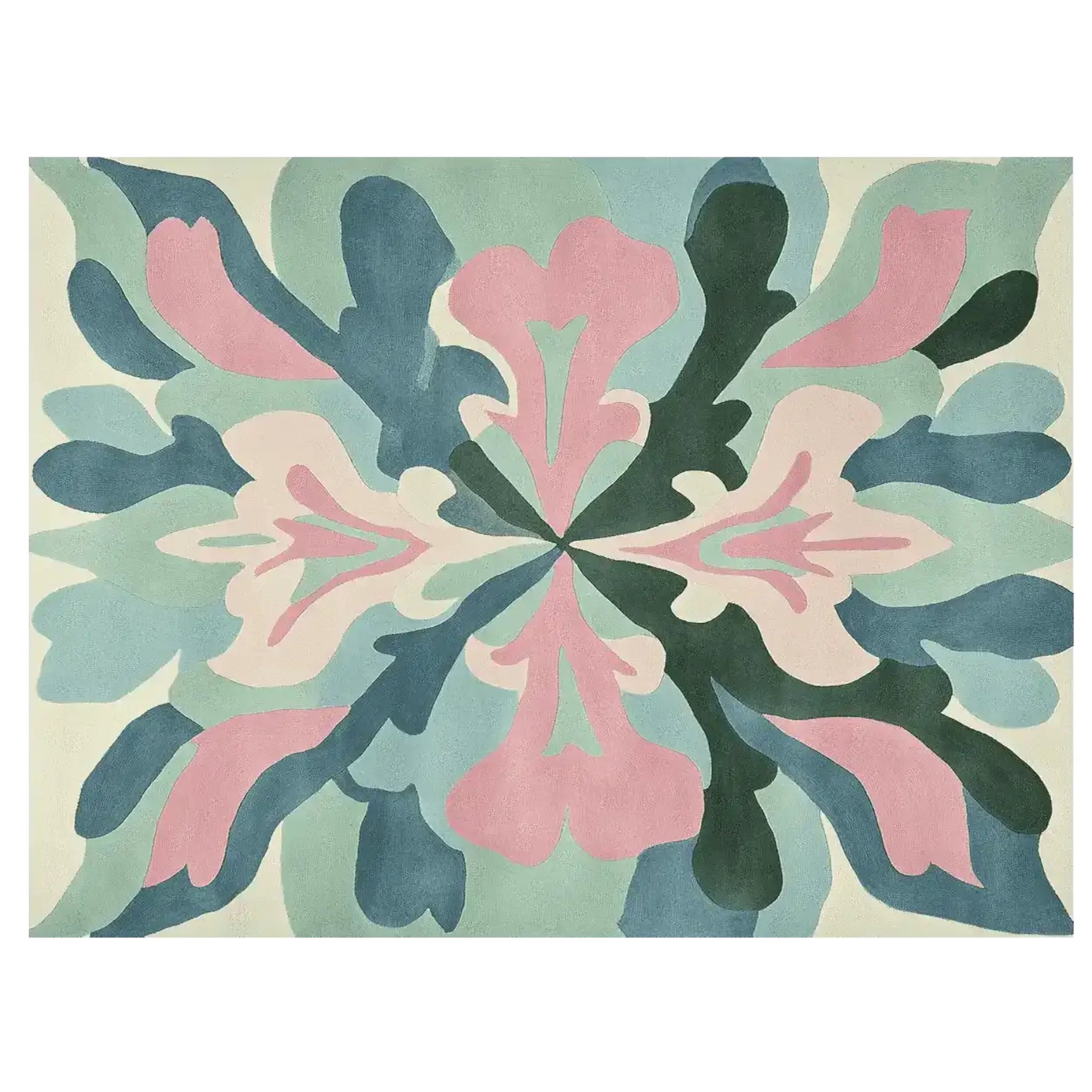 A vibrant area rug with an abstract design, featuring a kaleidoscope of pink, green, and blue hues. This contemporary rug, perfect for large living rooms, adds a lively touch to any space. Ideal for those seeking an 8x10 wool rug that combines style and comfort.