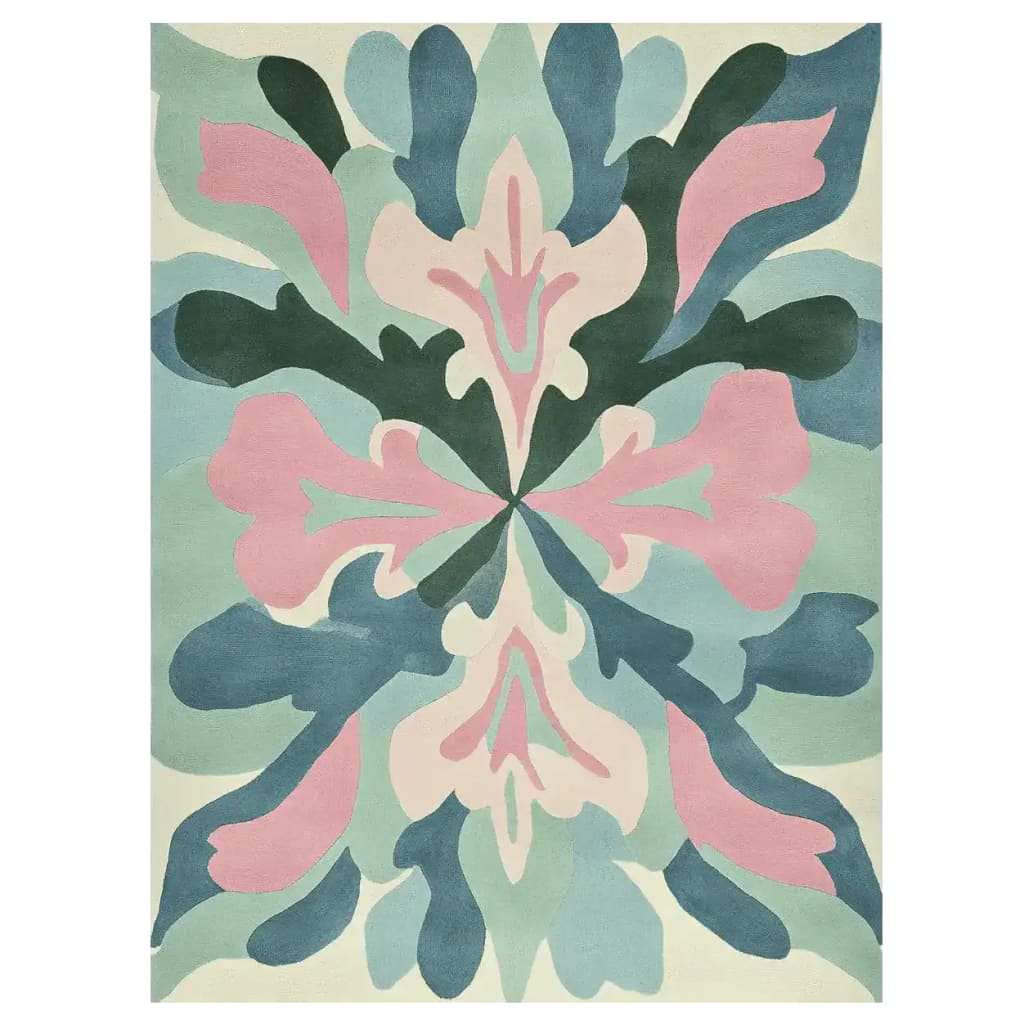 Vibrant Trippy Colorform Study Hand Tufted Area Rug with an abstract floral design, showcasing rich pink, blue, and green hues. Perfect for large living rooms, this contemporary rug measures 8x10 and adds a bold statement to any space. Crafted from high-quality wool, it enhances the elegance of your living room decor.