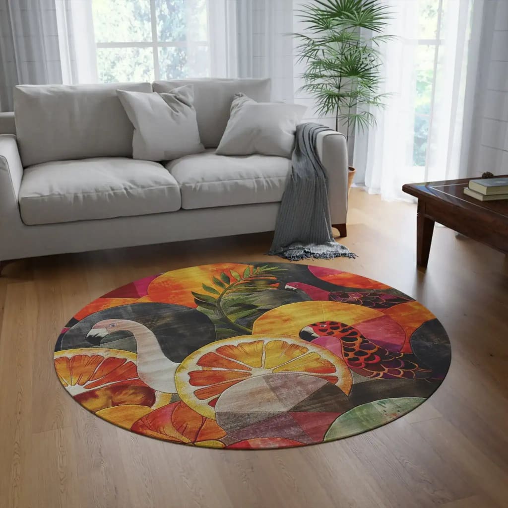 Tropical Birds and Citrus Round Rug