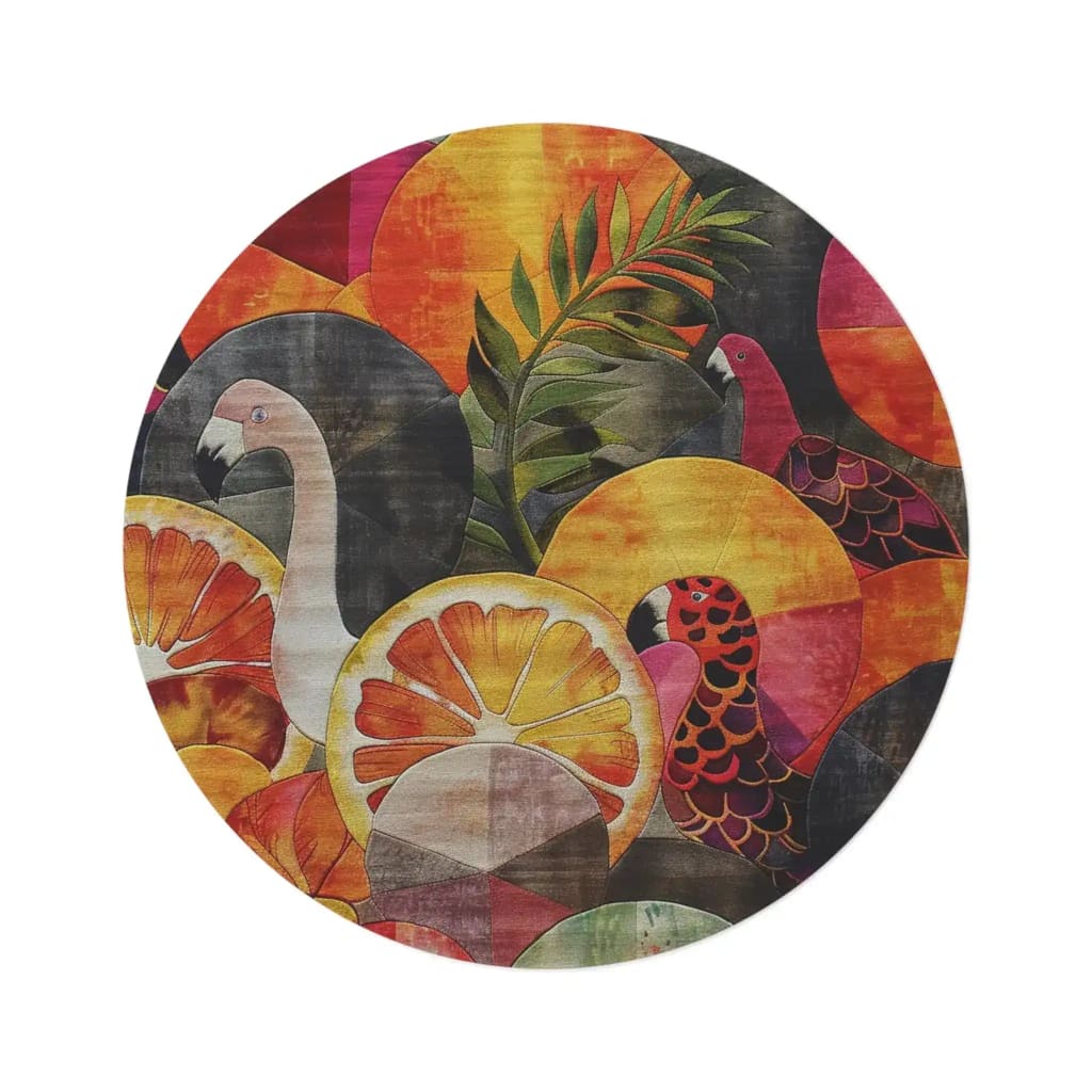 Round rug with tropical design featuring flamingo, parrot, and foliage on a white background