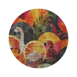 Round rug with tropical design featuring flamingo, parrot, and foliage on a white background