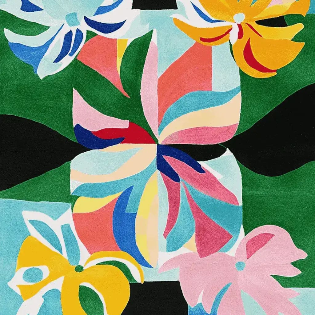 Vibrant and colorful Tropical Bloom Burst hand-tufted area rug, perfect for adding a splash of color to any living room. This contemporary rug features an abstract floral design in bold hues of green, pink, blue, and yellow, making it an ideal choice for living room rugs 8x10. Made from high-quality wool, this area rug not only enhances the decor but also provides a soft and comfortable feel underfoot.