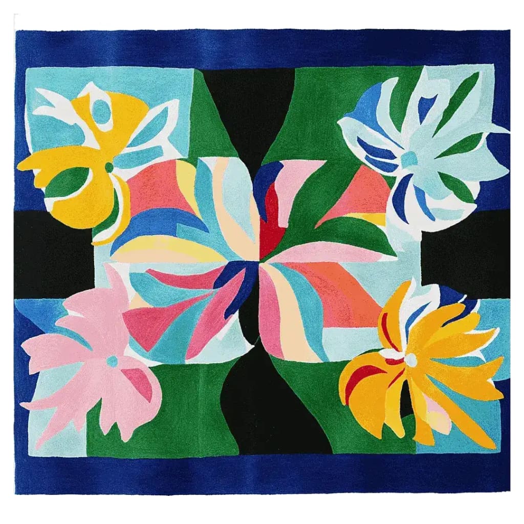 Vibrant hand-tufted area rug from the Tropical Bloom Burst collection, showcasing an abstract floral design with bold colors like pink, yellow, and blue. Perfect for adding a contemporary touch to living room rugs 8x10, this wool rug enhances any area with its artistic flair.