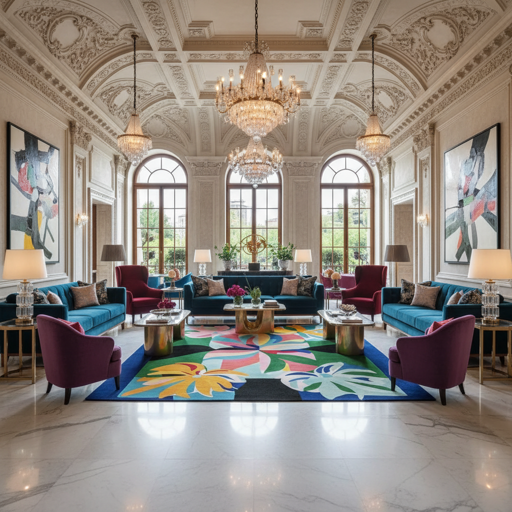 Luxurious hotel lobby with ornate ceiling, colorful rug, and modern furniture.