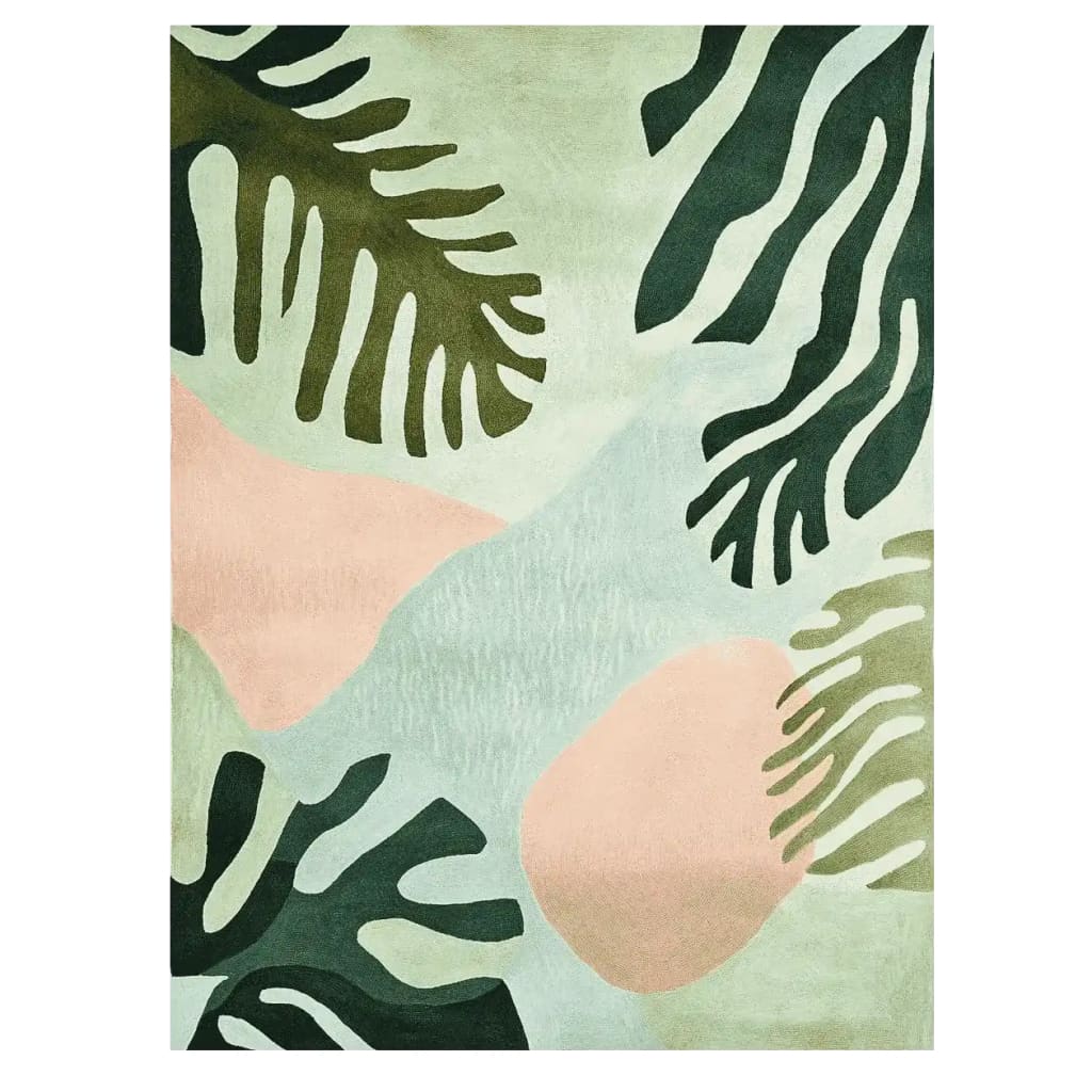 The Tropical Bloom Dance Hand Tufted Rug showcases a vibrant abstract design with bold green and pink leaf patterns on a light background. This area rug, perfect for large living rooms, brings a contemporary touch and is crafted from quality wool, enhancing any modern space.