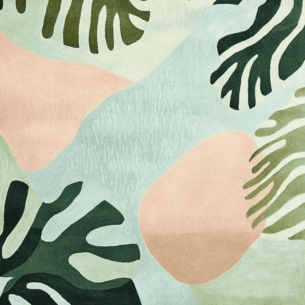 A vibrant area rug showcasing a tropical bloom design with abstract leaf patterns in shades of green and blush. This contemporary rug, perfect for large living rooms, is hand-tufted from high-quality wool, adding a touch of elegance and nature-inspired charm.