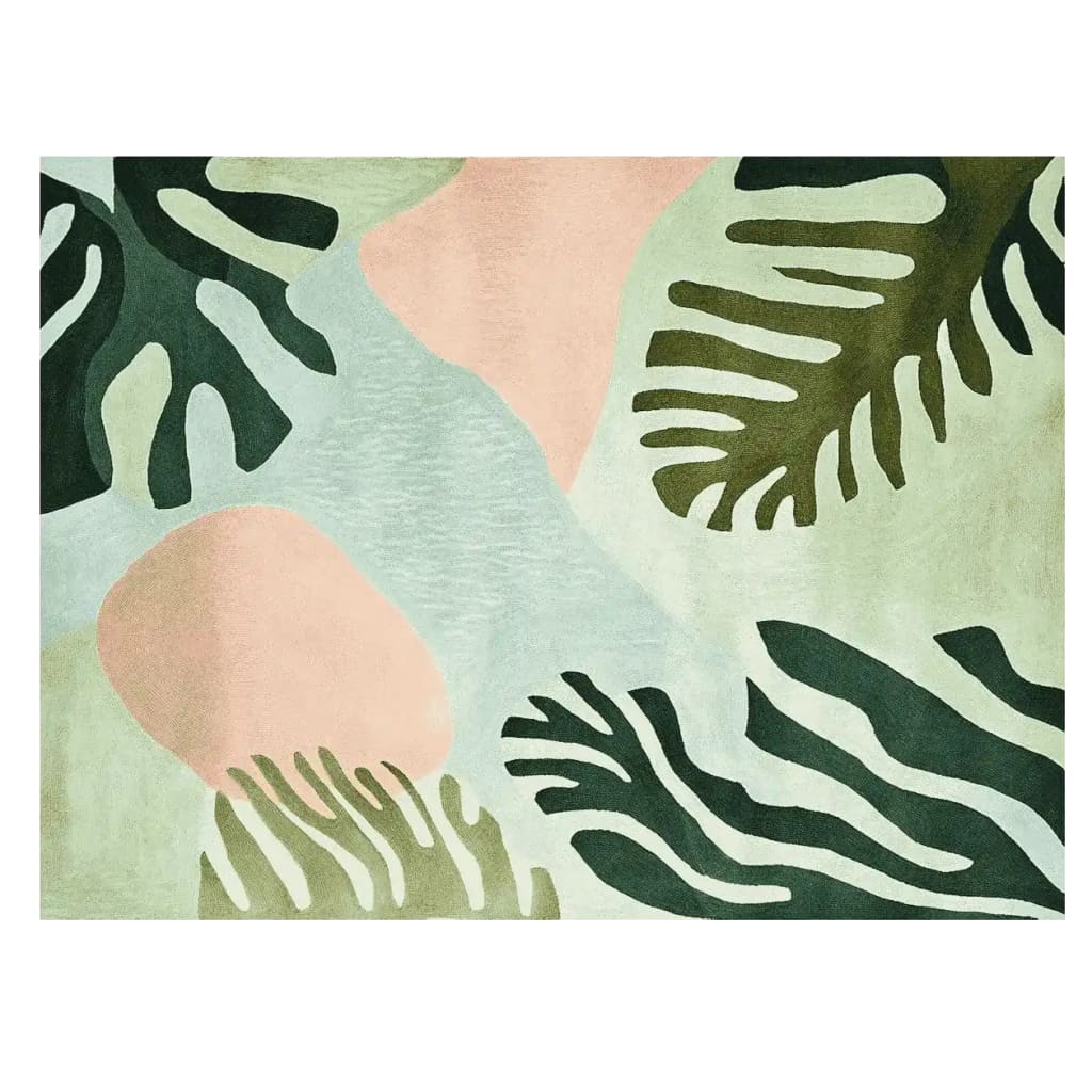 A beautifully designed area rug featuring a tropical bloom pattern in soft greens and pinks, perfect for large living rooms. This contemporary wool rug showcases an abstract leaf design, providing a stylish and modern touch to any space.
