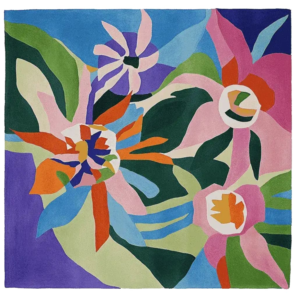 Vibrant area rug featuring a tropical bloom design with abstract floral patterns in bold colors like orange, pink, and green. This hand-tufted wool rug offers a contemporary touch to any living room, showcasing a square shape ideal for modern spaces.