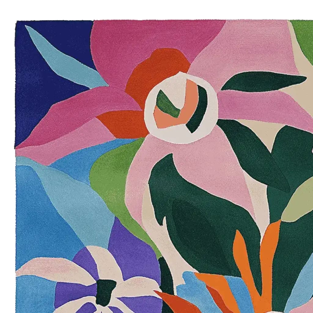 Vibrant Tropical Bloom Riot hand-tufted area rug in a square shape, showcasing an abstract floral design with bold colors like pink, green, and blue. Perfect contemporary wool rug for adding a lively touch to your living room.