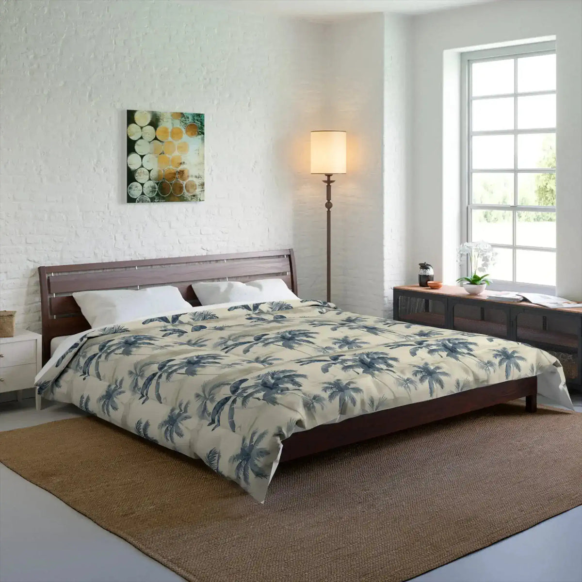 Tropical Brushstroke comforter on a wooden bed in a white-brick bedroom with a jute rug
