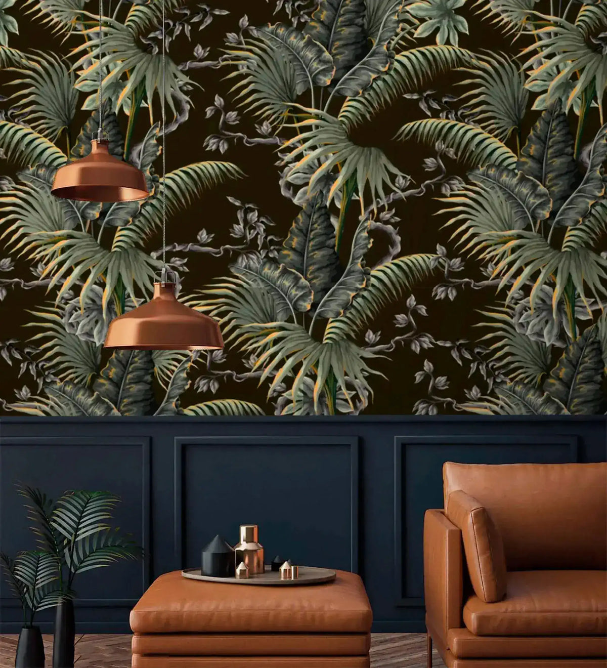 Tropical canopy wallpaper with green palm leaves on dark ground above navy panelling with copper pendant lamps