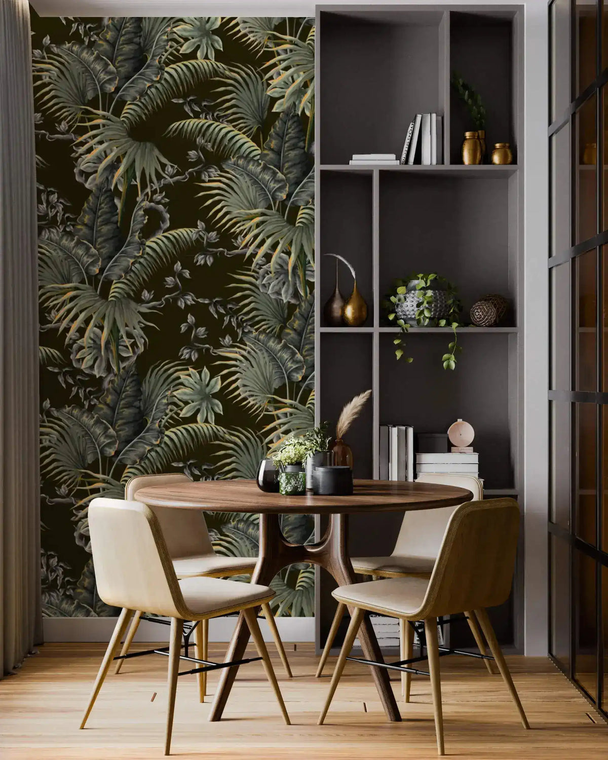 Tropical canopy wallpaper with lush green palm and fern leaves on a dark ground in a dining nook