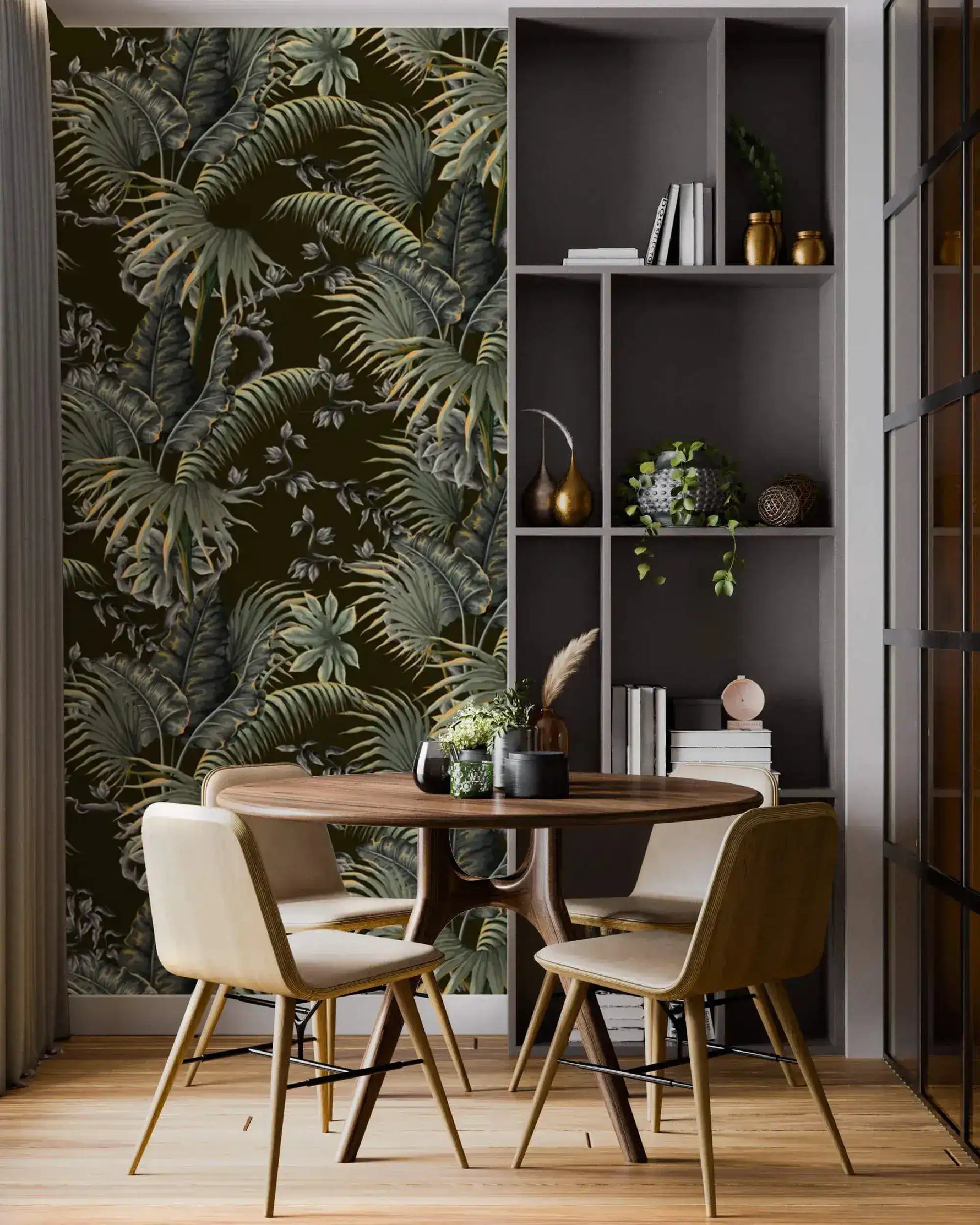 Tropical canopy wallpaper with lush green palm and fern leaves on a dark ground in a dining nook