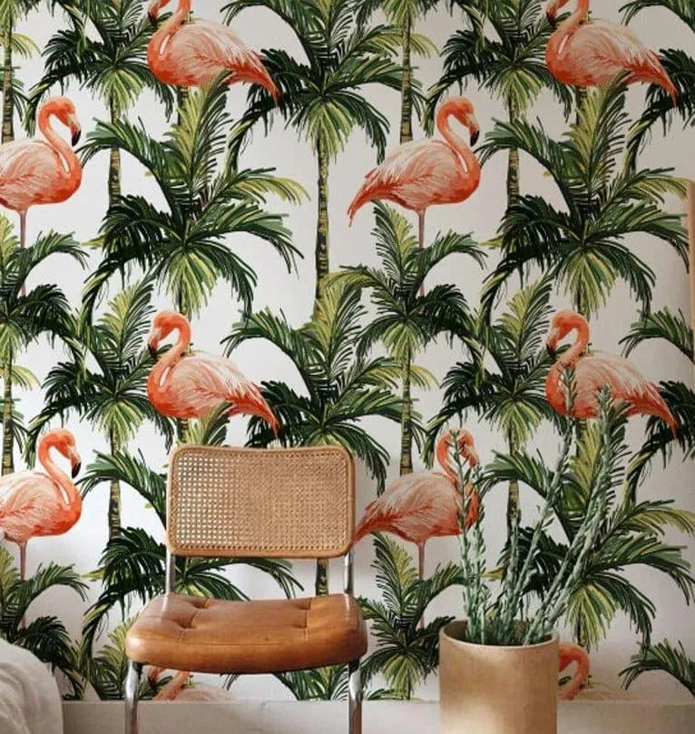 Tropical Coconut Trees and Flamingos Wallpaper