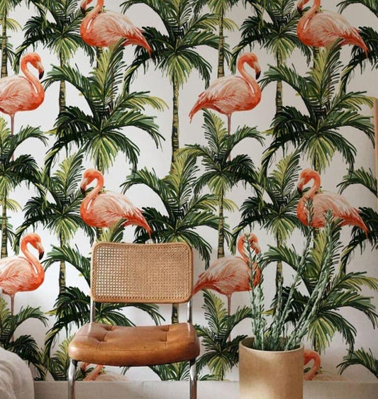 Tropical Coconut Trees and Flamingos Wallpaper - MAIA HOMES