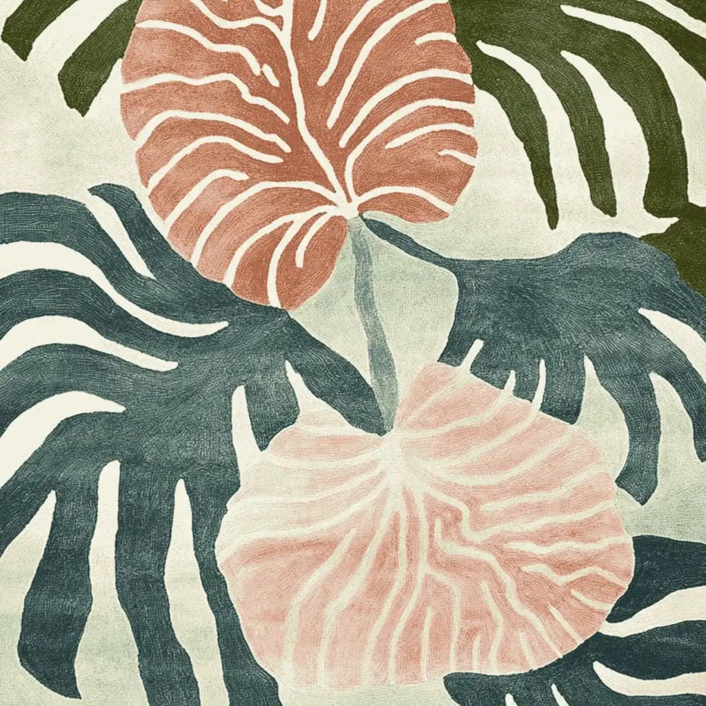 Close-up view of the Tropical Echo Drift Hand Tufted Area Rug, showcasing an abstract floral pattern with earthy tones of green and pink. This contemporary rug is perfect for adding a stylish touch to living rooms. Crafted from wool, it's available in an 8x10 size, offering a blend of comfort and elegance.