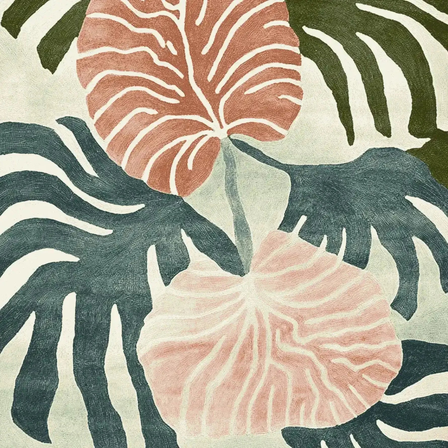 Close-up view of the Tropical Echo Drift Hand Tufted Area Rug, showcasing an abstract floral pattern with earthy tones of green and pink. This contemporary rug is perfect for adding a stylish touch to living rooms. Crafted from wool, it's available in an 8x10 size, offering a blend of comfort and elegance.