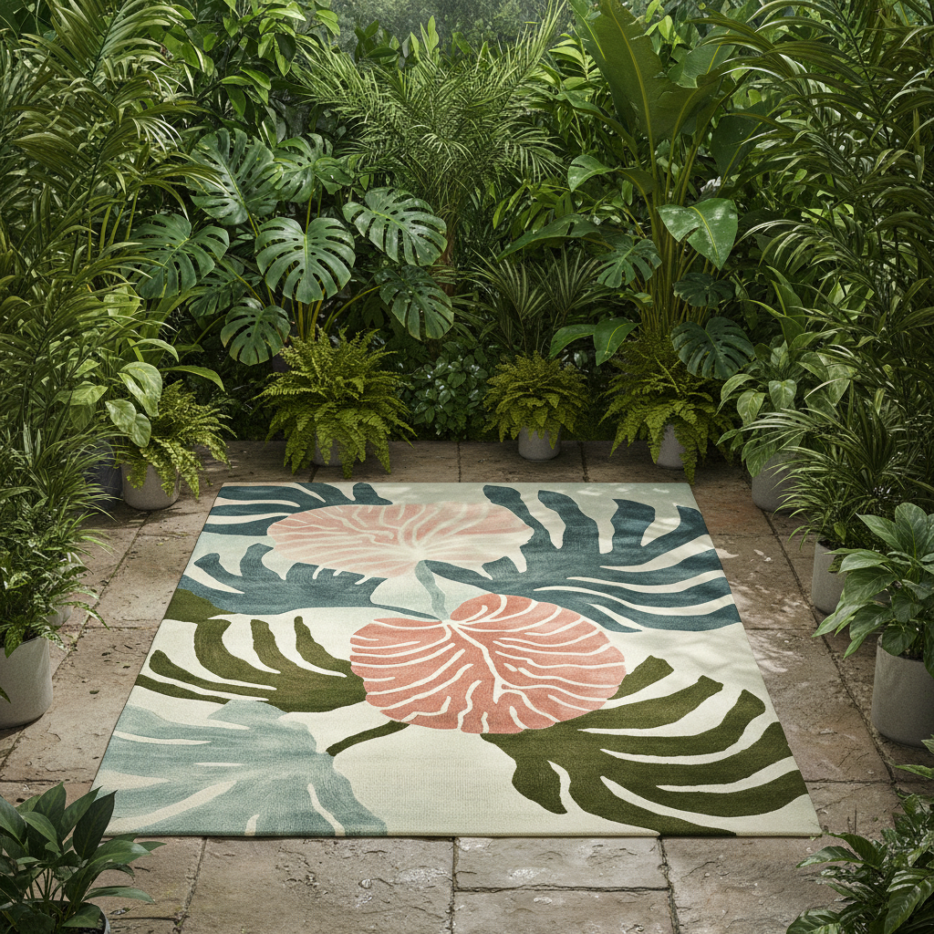 Floral patterned rug on a stone patio surrounded by potted plants